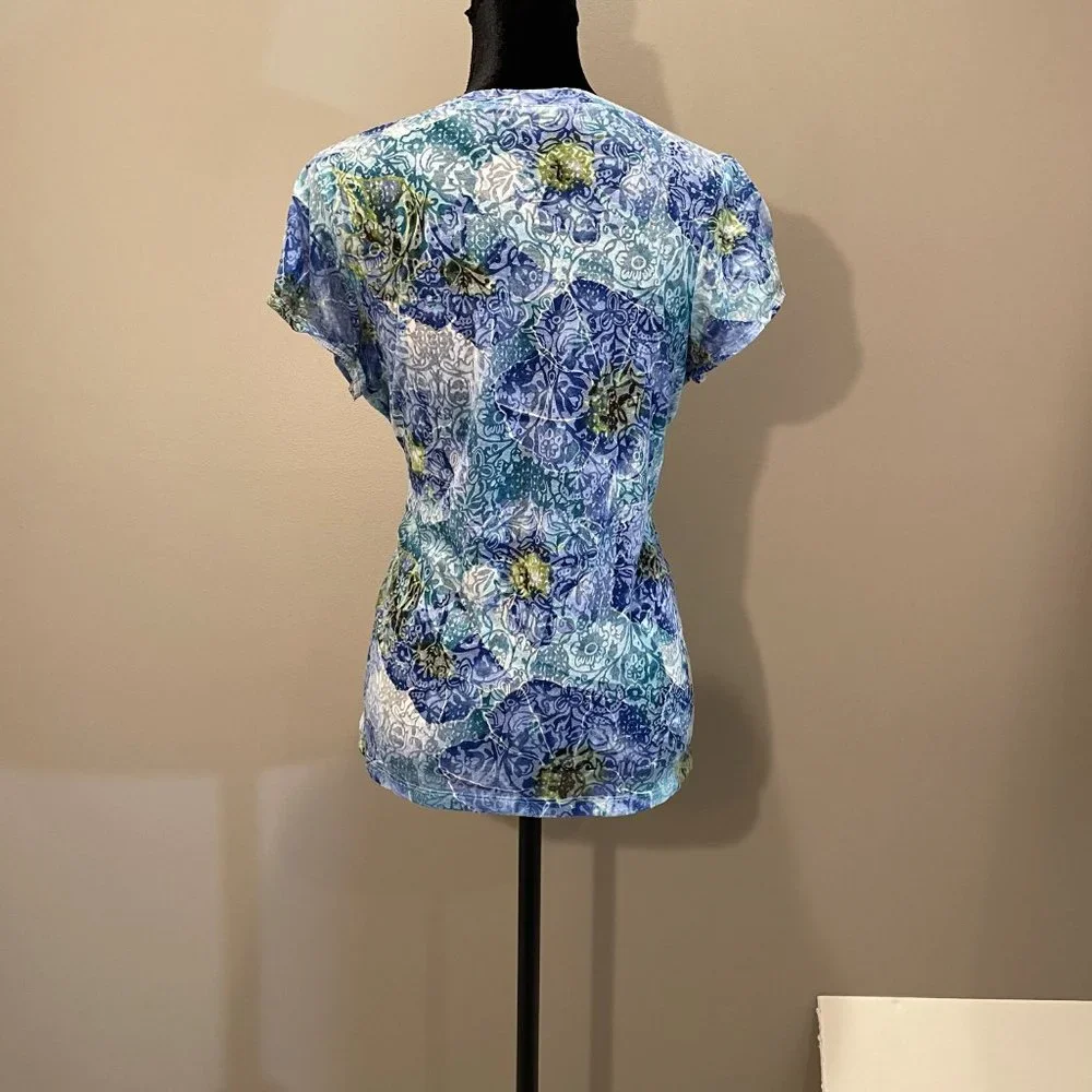 Relativity Womens SHEER Floral Print Sht Sl. Top sz L NWOT - Picture 2 of 4